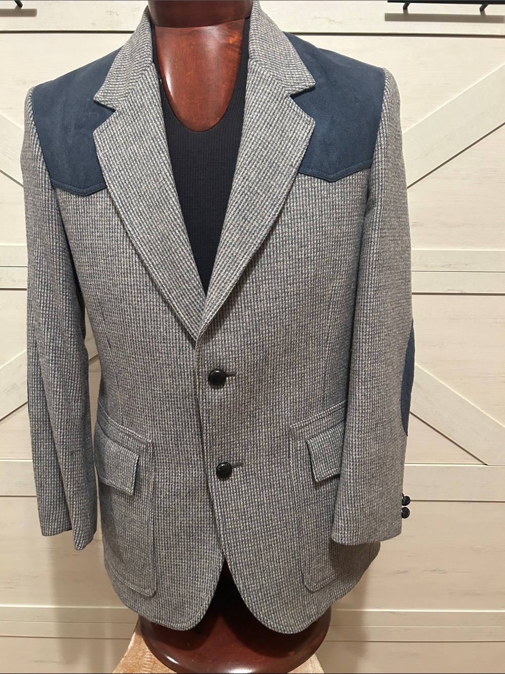 Pendleton Gray Herringbone Blazer with Navy Suede Yoke
